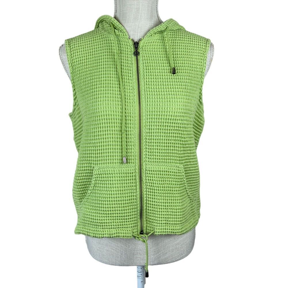 Christopher & Banks Waffle Weave‎ Vest Womens S Green Sleeveless Hooded Full Zip